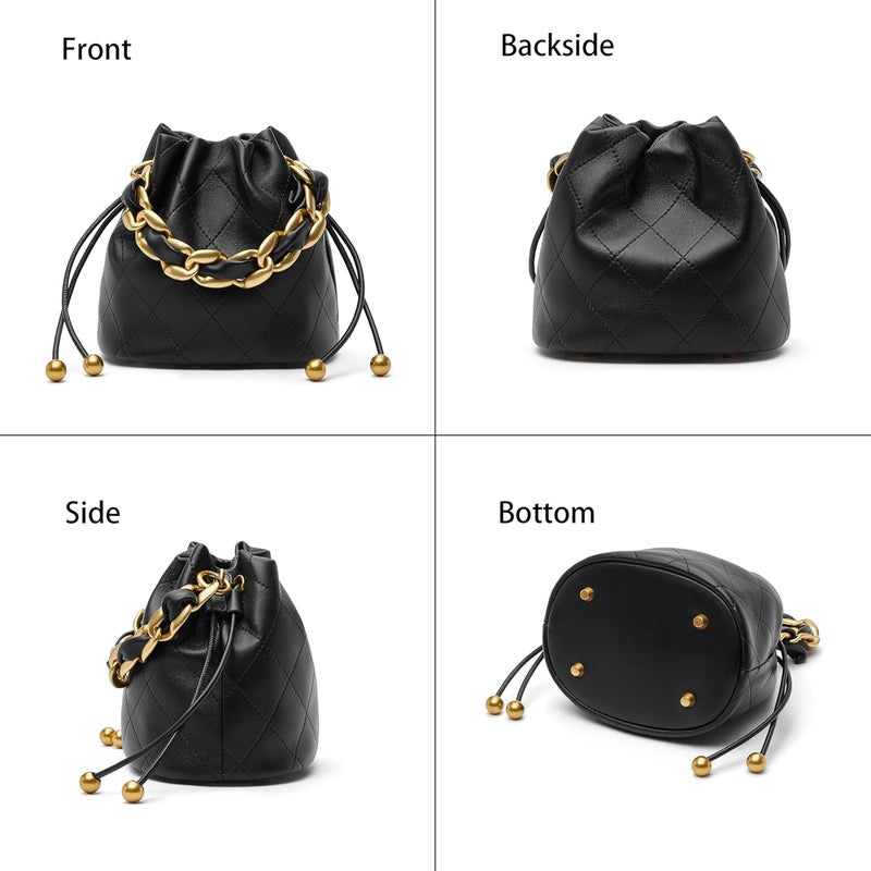 DORIS&JACKY Store Small Top Handle Bucket Bag, Designer Lambskin Drawstring Crossbody Purse with Chunky Chain Tote Strap - Image 5